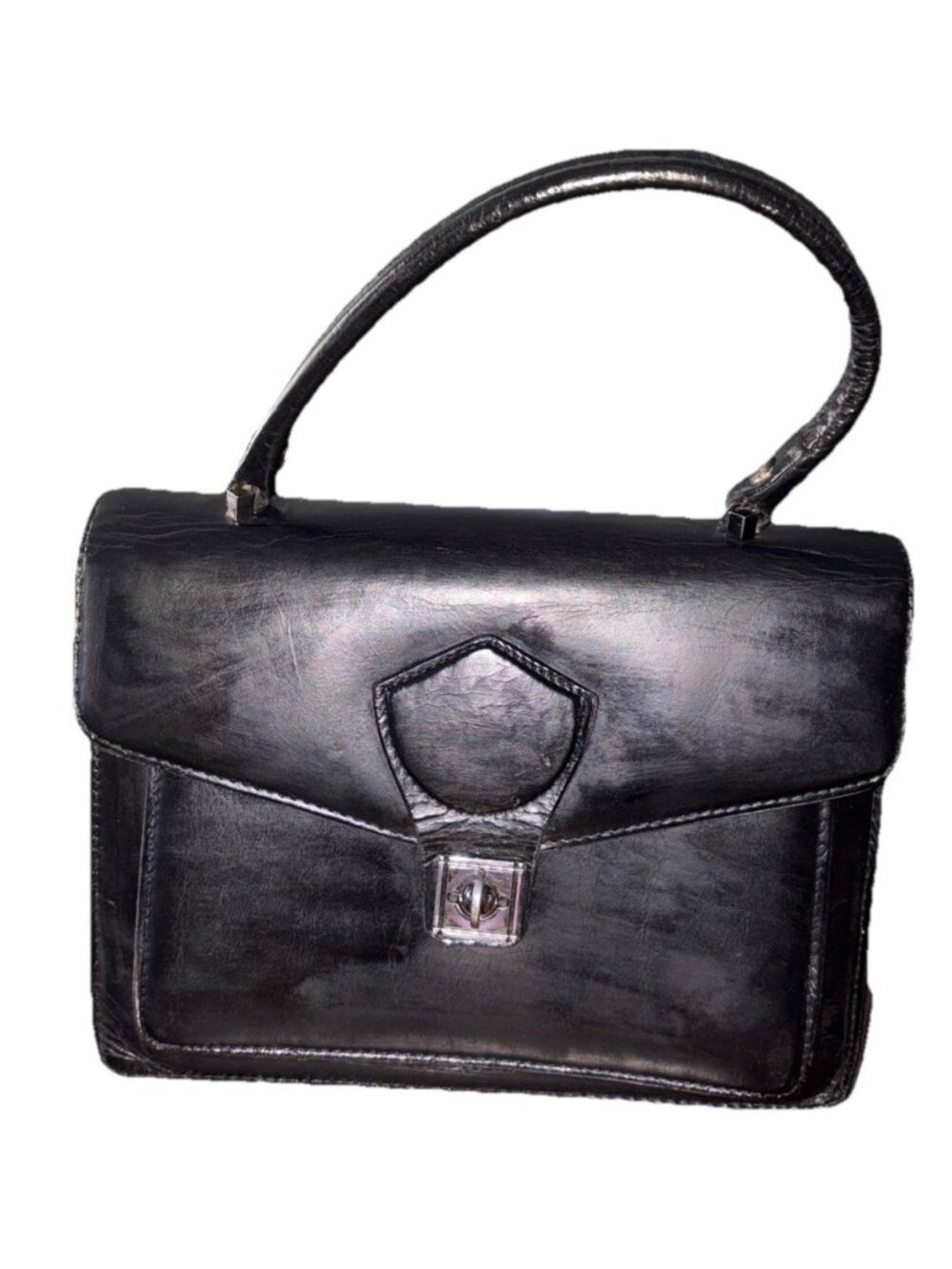 VTG-1960’s Black Leather Turnkey Closure  Satchel Handbag-Unbranded 7.75”h x 9.7
